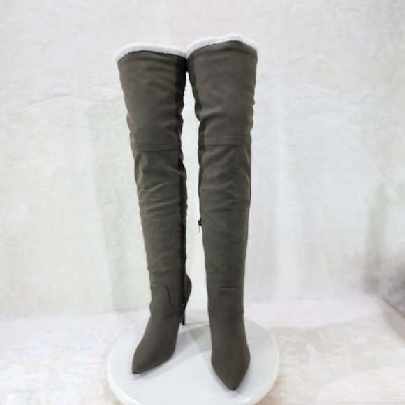 Olive Green Fluffy Fleece Lined  Fold Under / Over the Knee Pointy Toe Boots - Picture 6 of 13